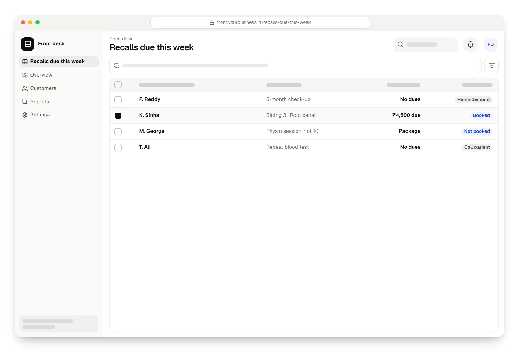 Patient management system front desk recalls due this week table in a web browser, with 4 rows and status labels