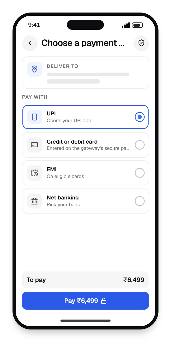 Payments software checkout on a phone, with UPI, credit or debit card and EMI options