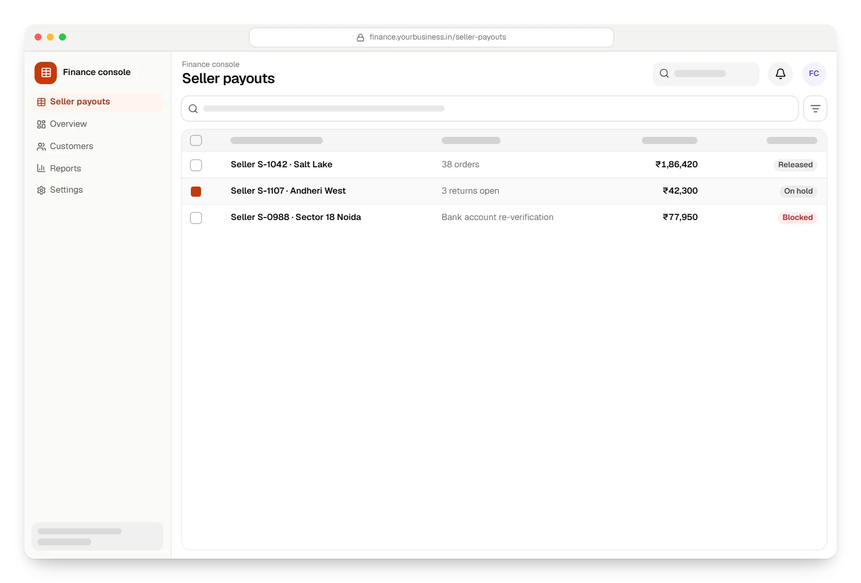 Payments software finance console seller payouts table in a web browser, with 3 rows and status labels