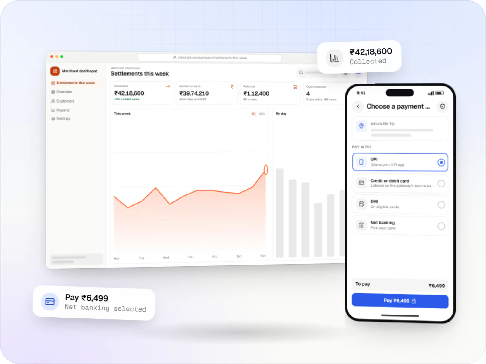 Payments software screens: merchant dashboard in a browser and checkout on a phone