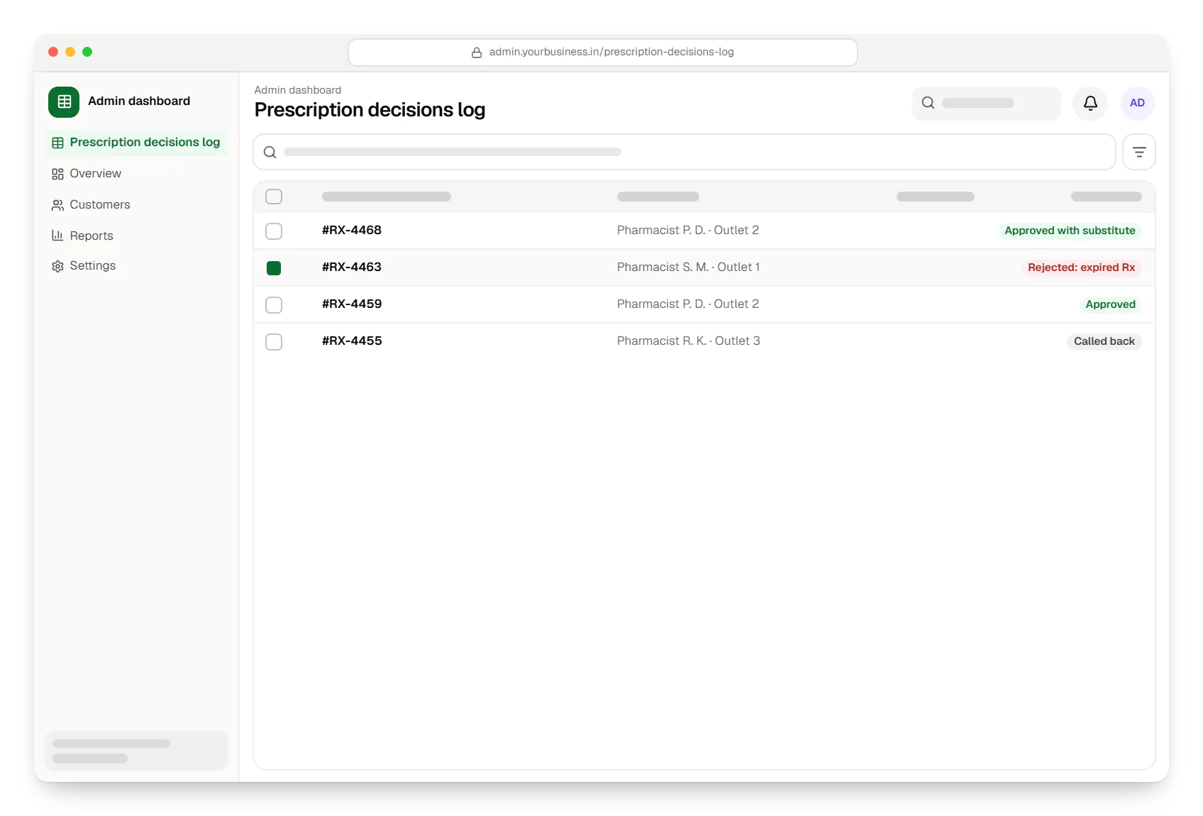 Pharmacy delivery app admin dashboard prescription decisions log table in a web browser, with 4 rows and status labels