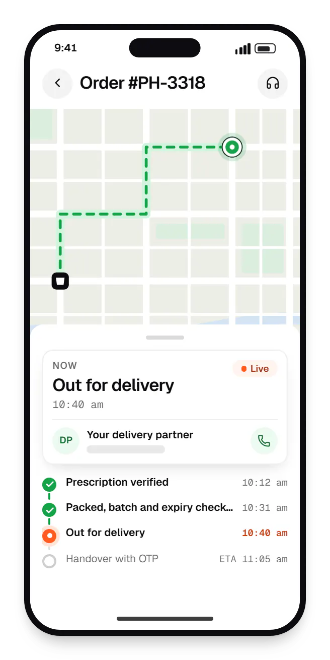 Pharmacy delivery customer app order tracking on a phone, with live status steps