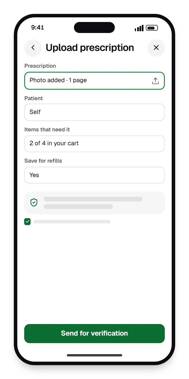 Pharmacy delivery customer app upload prescription on a phone, with input fields and an action button