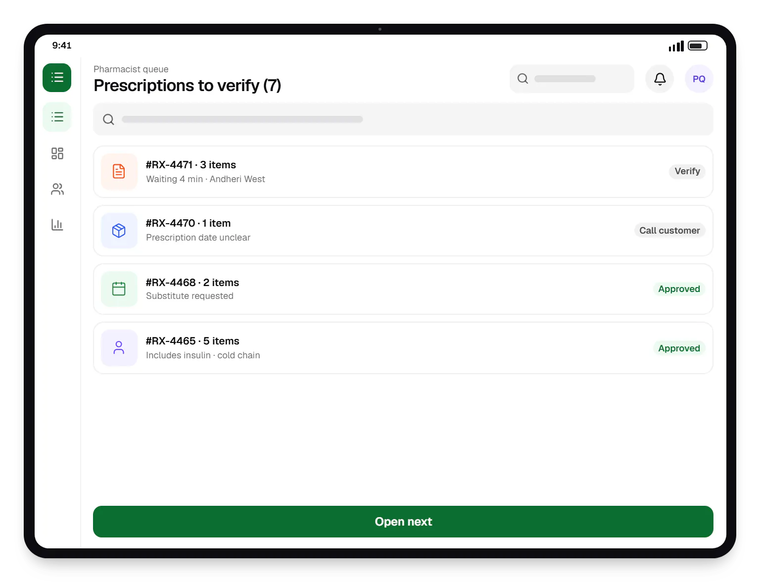 Pharmacy delivery app pharmacist queue prescriptions to verify on a tablet, with 4 entries