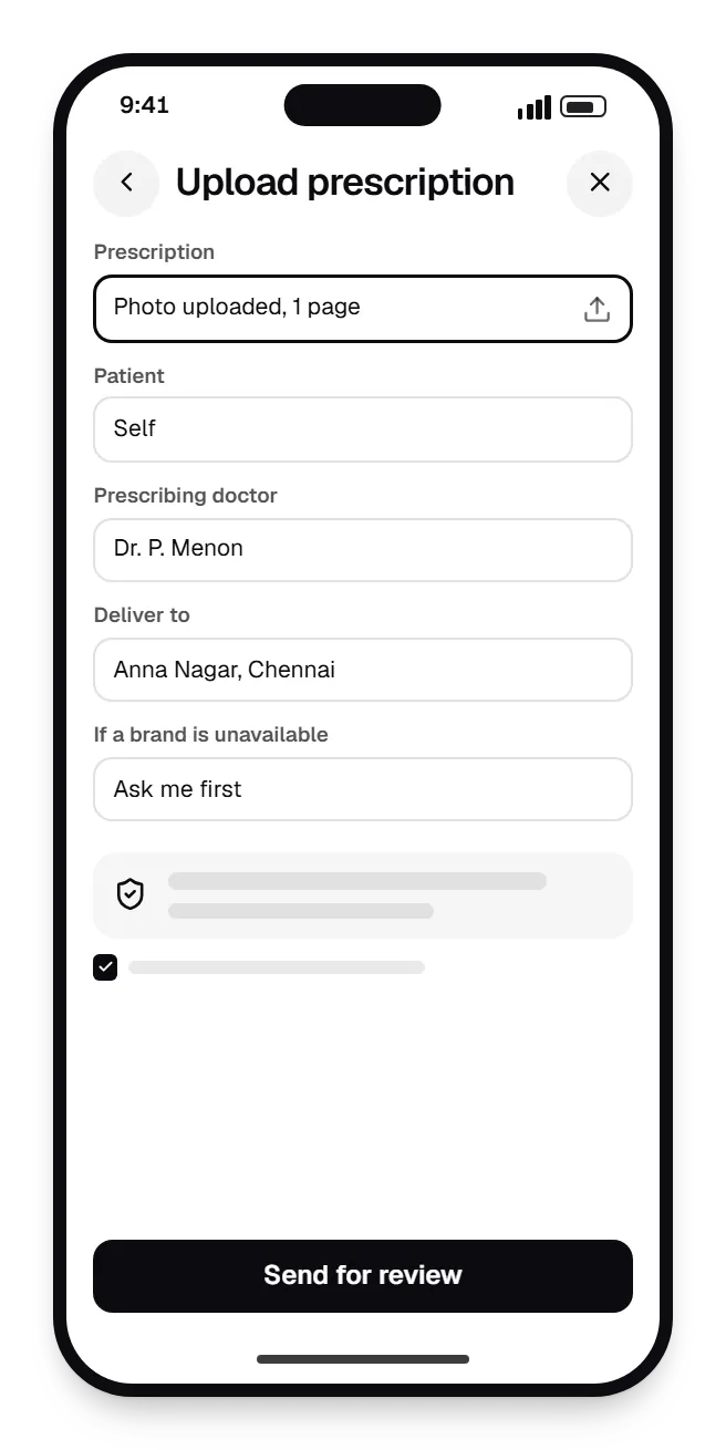 Pharmacy software customer app upload prescription on a phone, with input fields and an action button