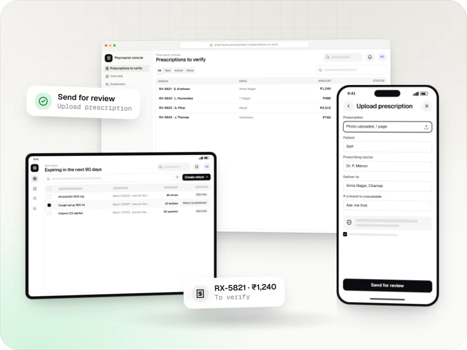 Pharmacy software screens: pharmacist console in a browser, store stock on a tablet and customer app on a phone