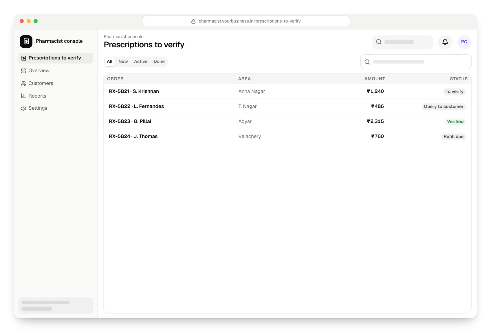Pharmacy software pharmacist console order list in a web browser, with 4 orders and their status
