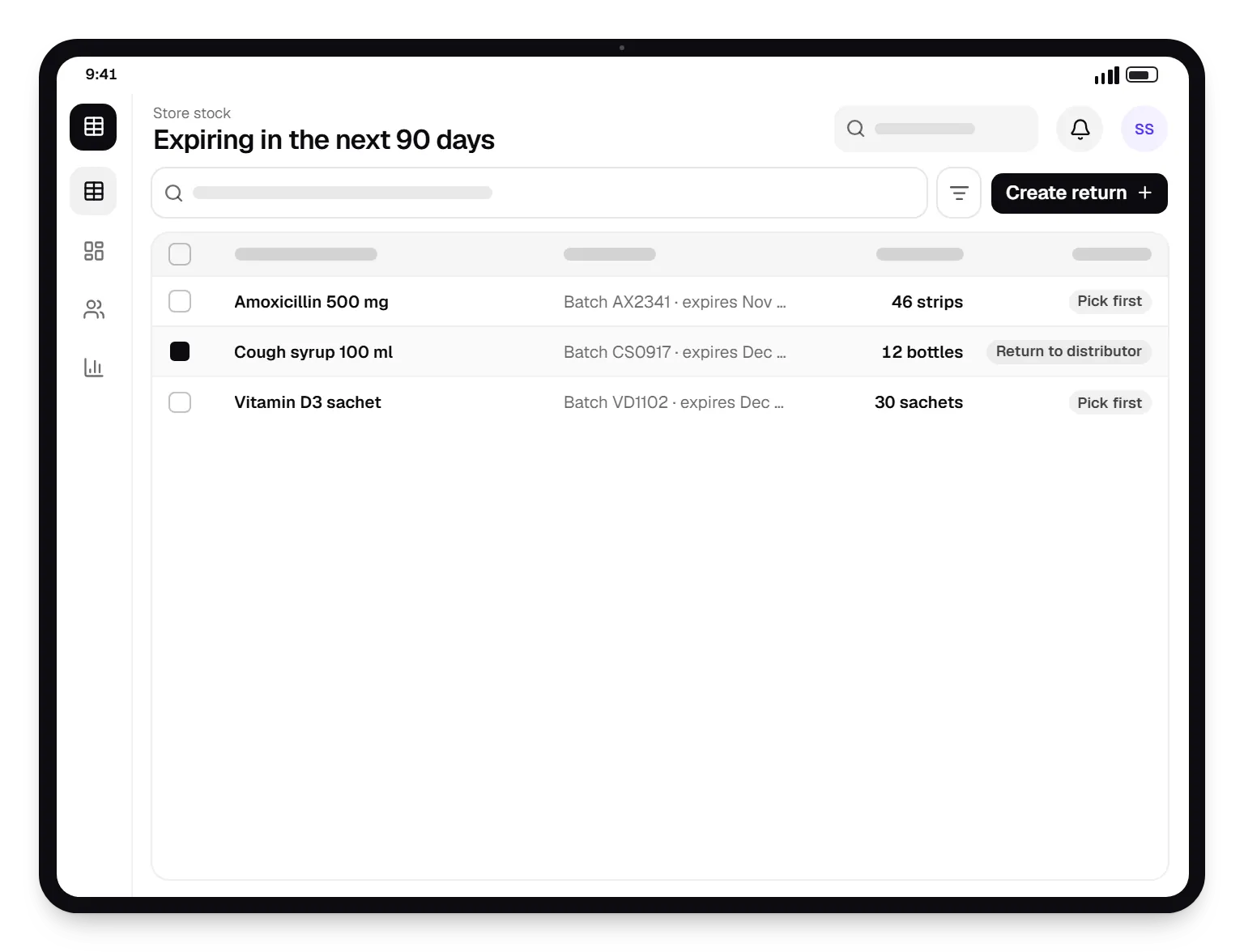 Pharmacy software store stock expiring in the next 90 days table on a tablet, with 3 rows and status labels