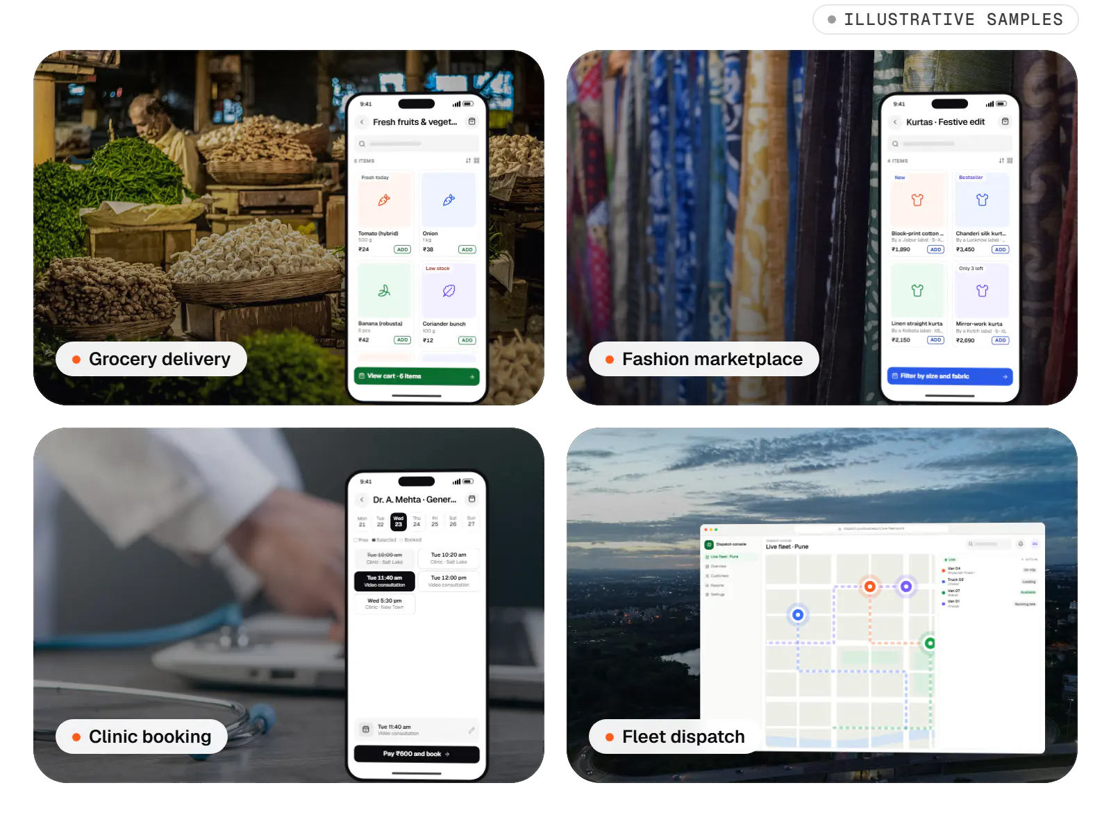 Four sample projects over photos: grocery delivery, fashion marketplace, clinic booking and fleet dispatch screens