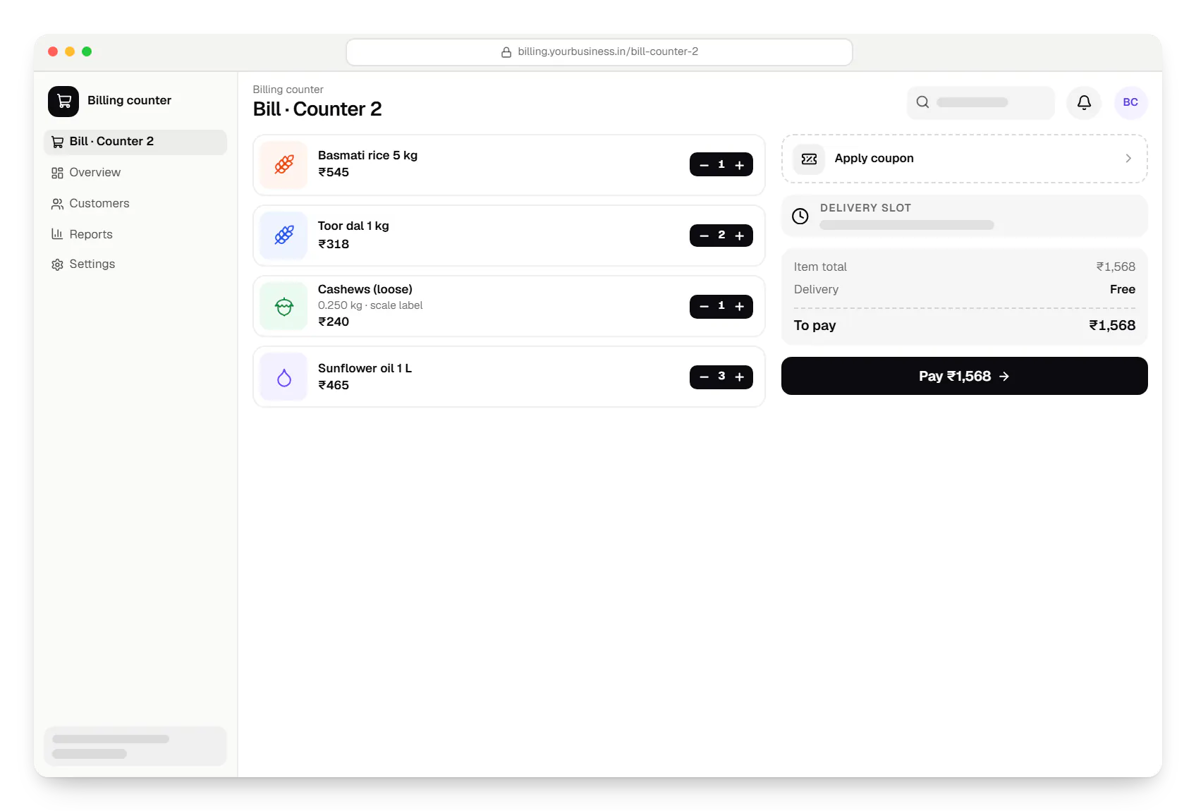 POS billing counter cart in a web browser, with 4 items and the order total