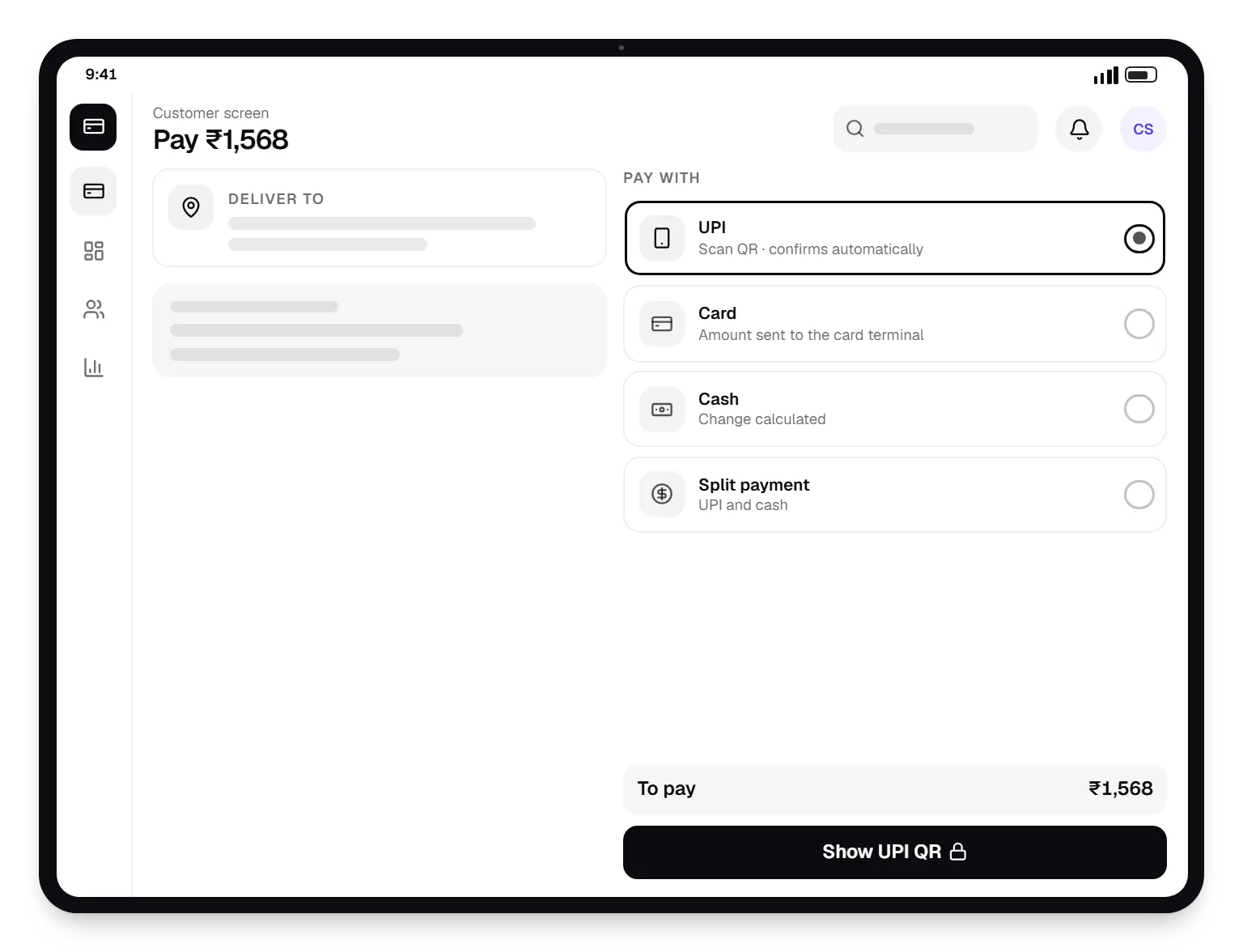 POS customer screen checkout on a tablet, with UPI, card and cash options