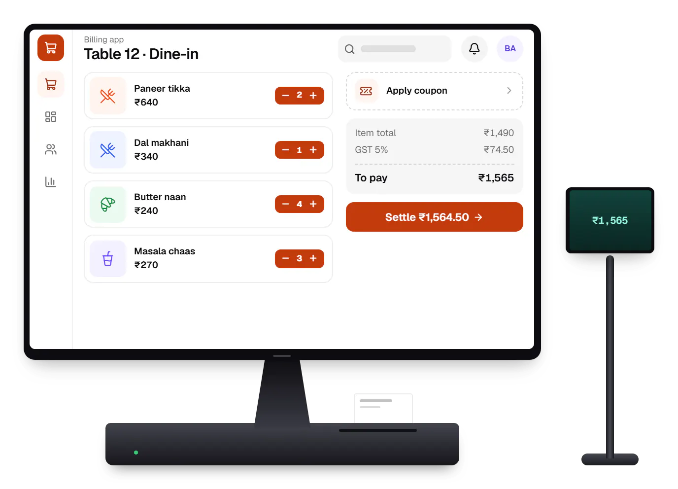 POS device management for restaurants and cafes billing app cart on a countertop POS terminal