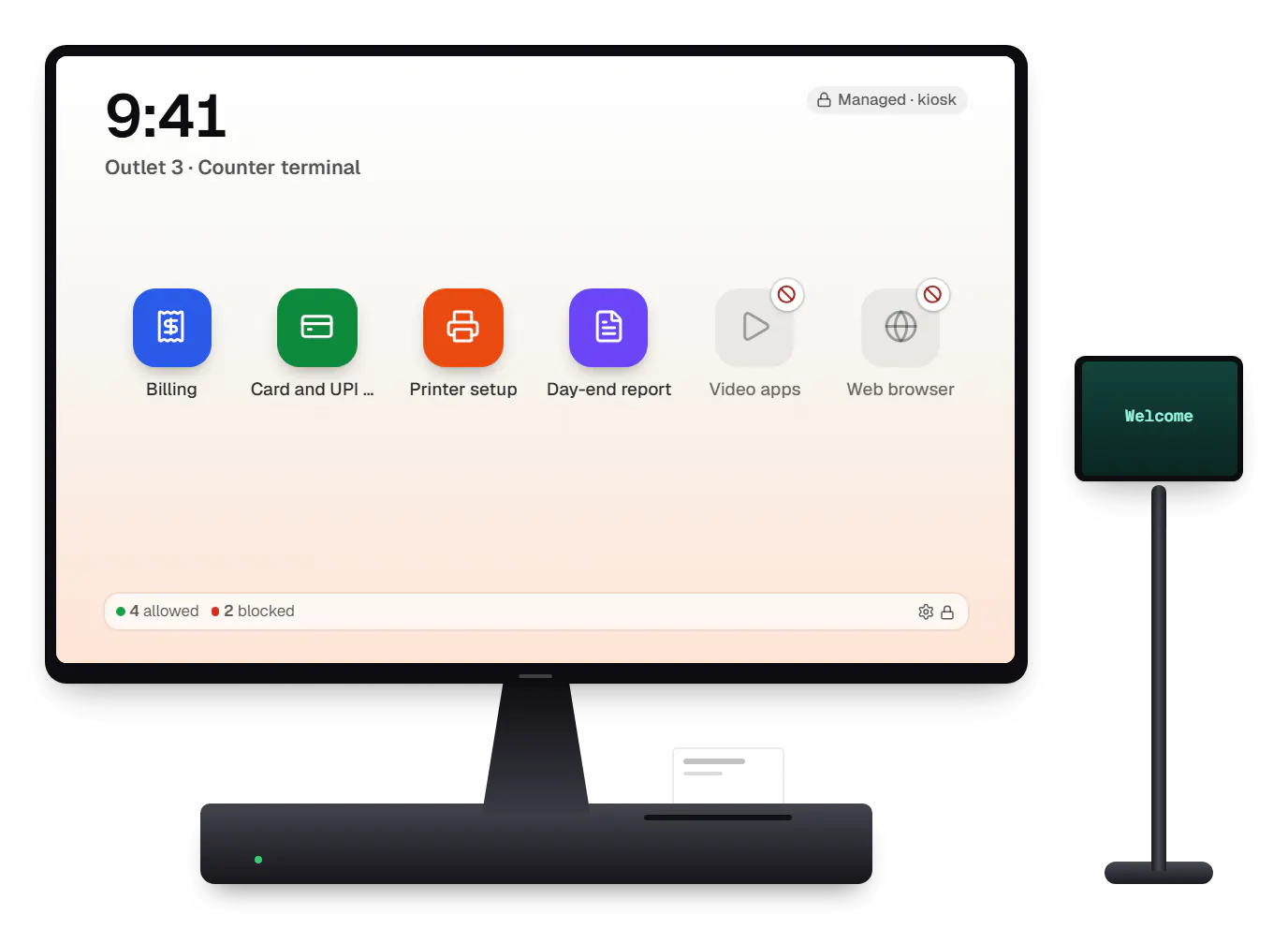 POS device management for restaurants and cafes billing terminal app launcher on a countertop POS terminal