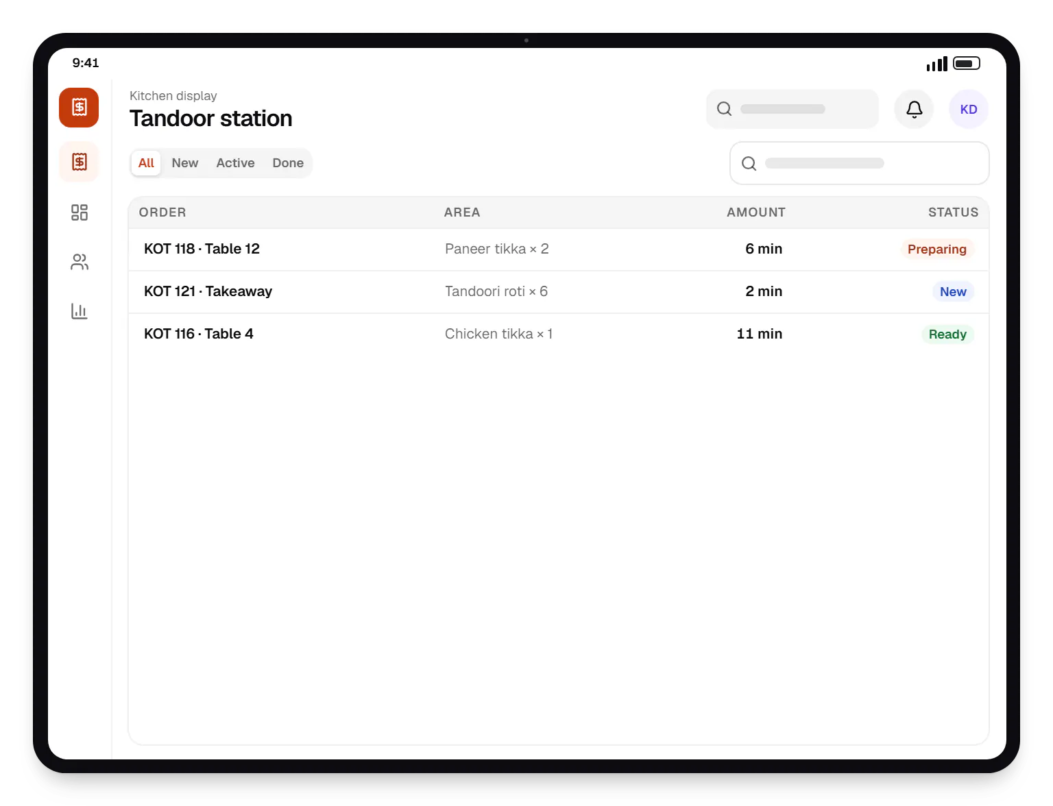 POS device management for restaurants and cafes kitchen display order list on a tablet, with 3 orders and their status