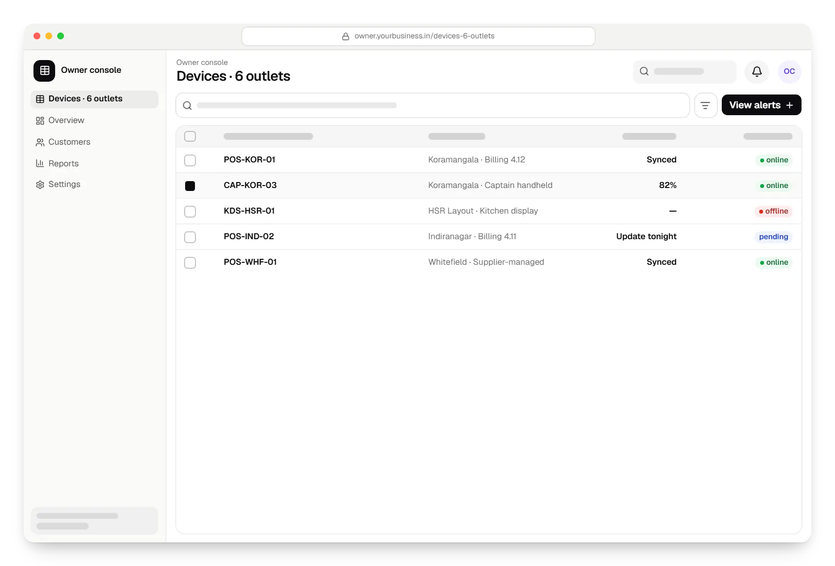 POS device management for restaurants and cafes owner console devices table in a web browser, with 5 rows and status labels