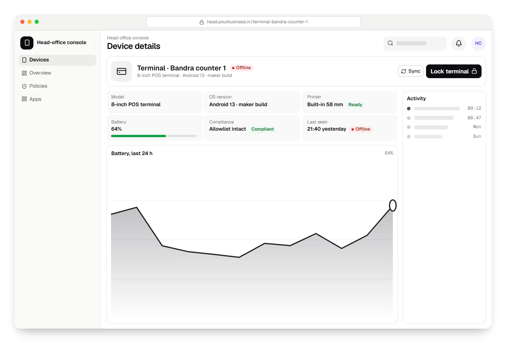POS device management head-office console device details in a web browser