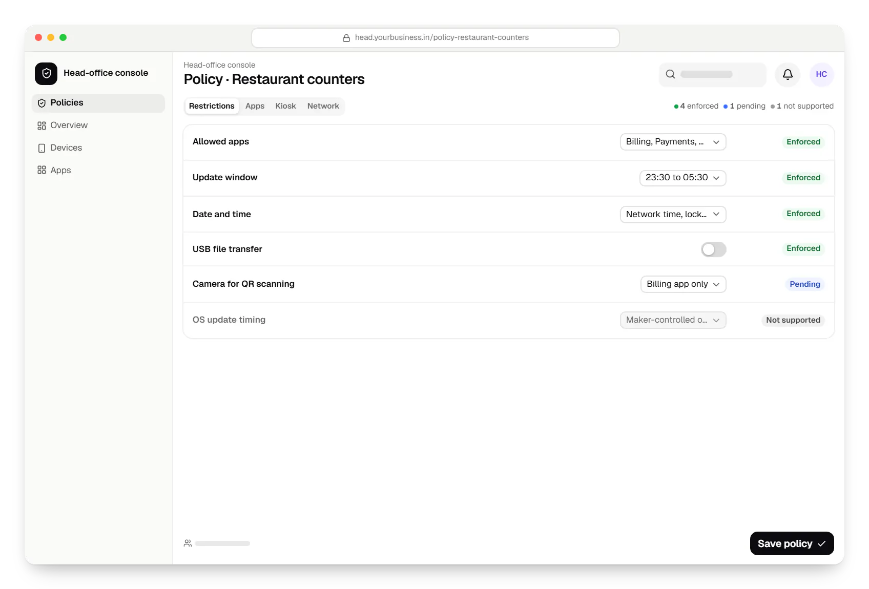 POS device management head-office console policy settings in a web browser