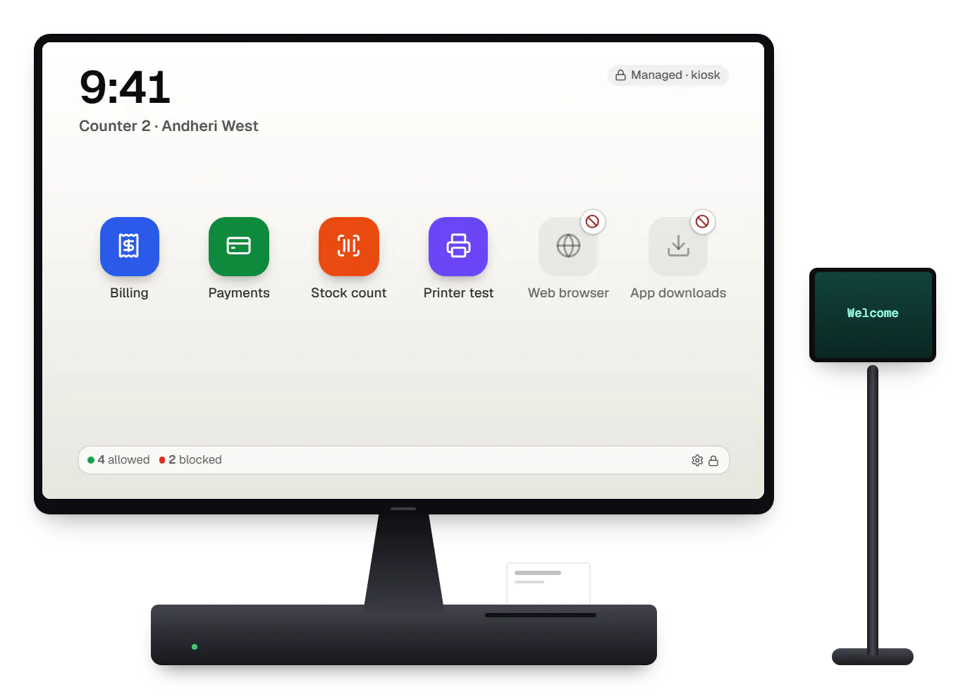 Device management POS terminal app launcher on a countertop POS terminal