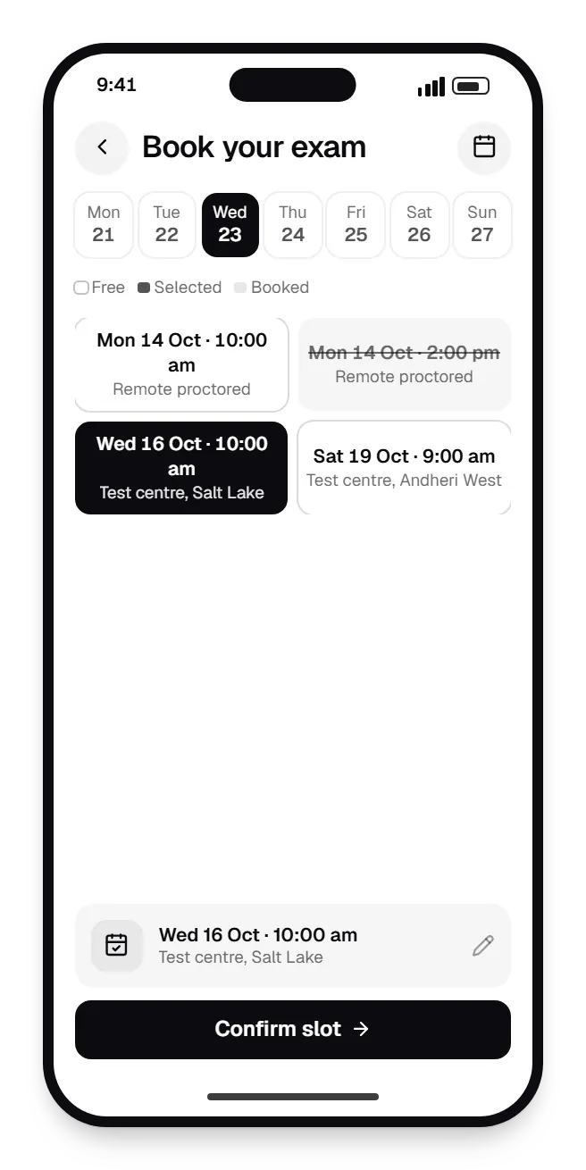 Professional education software candidate portal booking slots on a phone, with open time slots