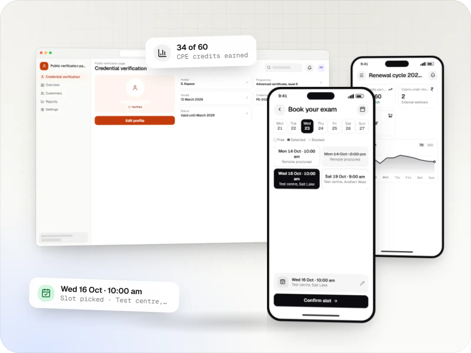 Professional education software screens: public verification page in a browser and candidate portal on a phone