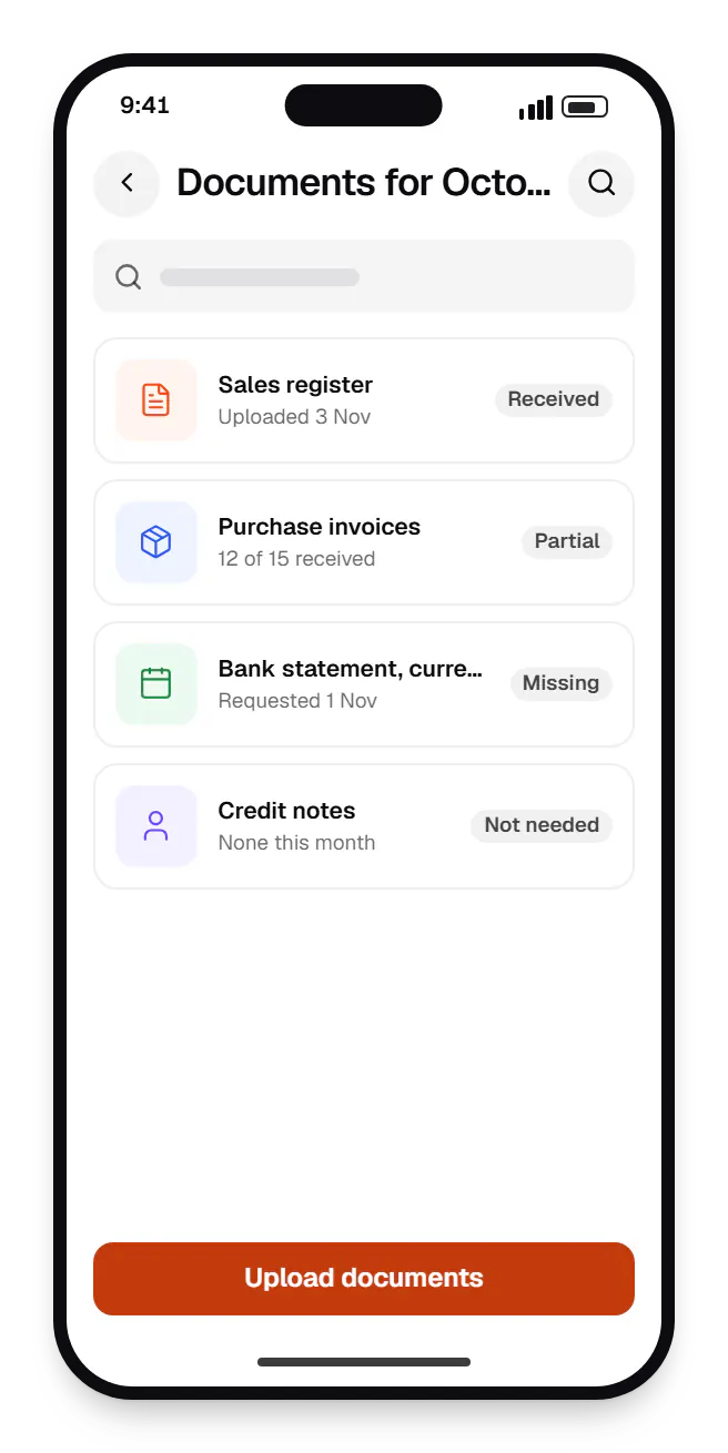 Professional services software client portal documents for October GST on a phone, with 4 entries