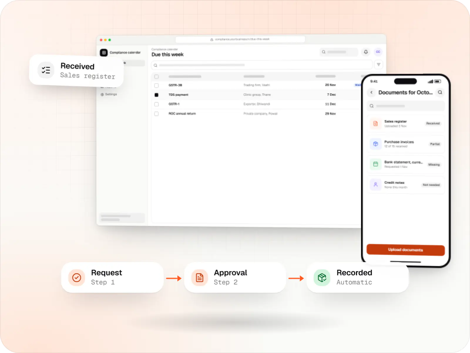 Professional services software screens: compliance calendar in a browser, client portal on a phone and linked approval steps