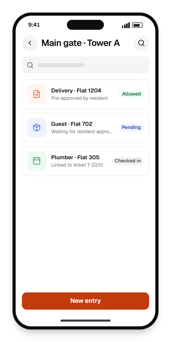 Property management software guard app main gate on a phone, with 3 entries