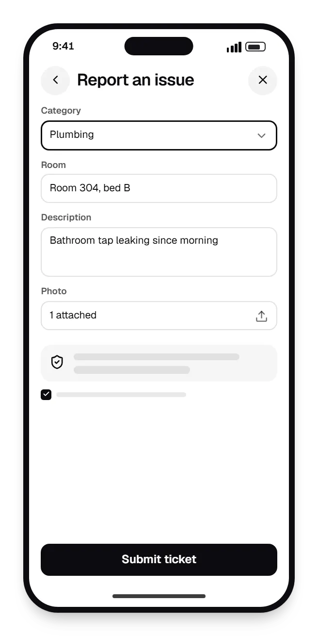 Property management software resident app report an issue on a phone, with input fields and an action button