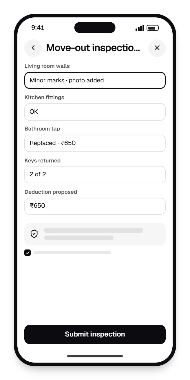 Property management software staff app move-out inspection on a phone, with input fields and an action button