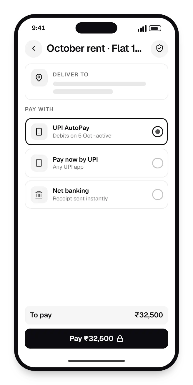Property management software tenant app checkout on a phone, with UPI AutoPay, pay now by UPI and net banking options