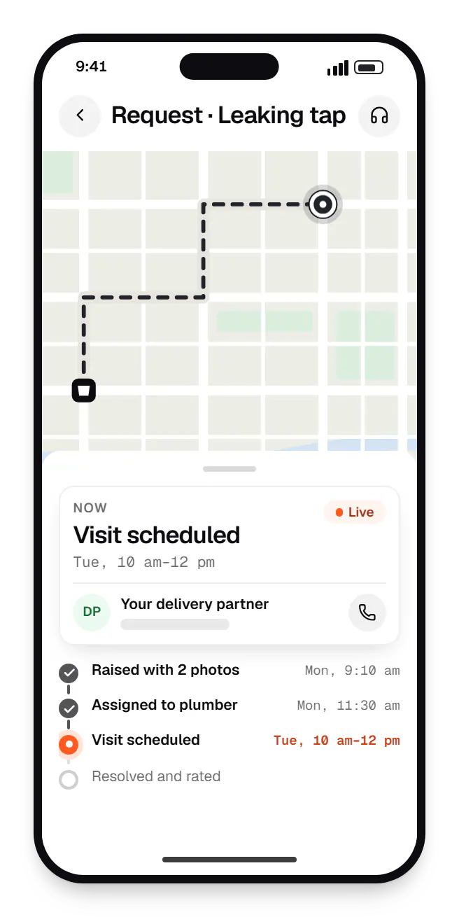 Property management software tenant app order tracking on a phone, with live status steps