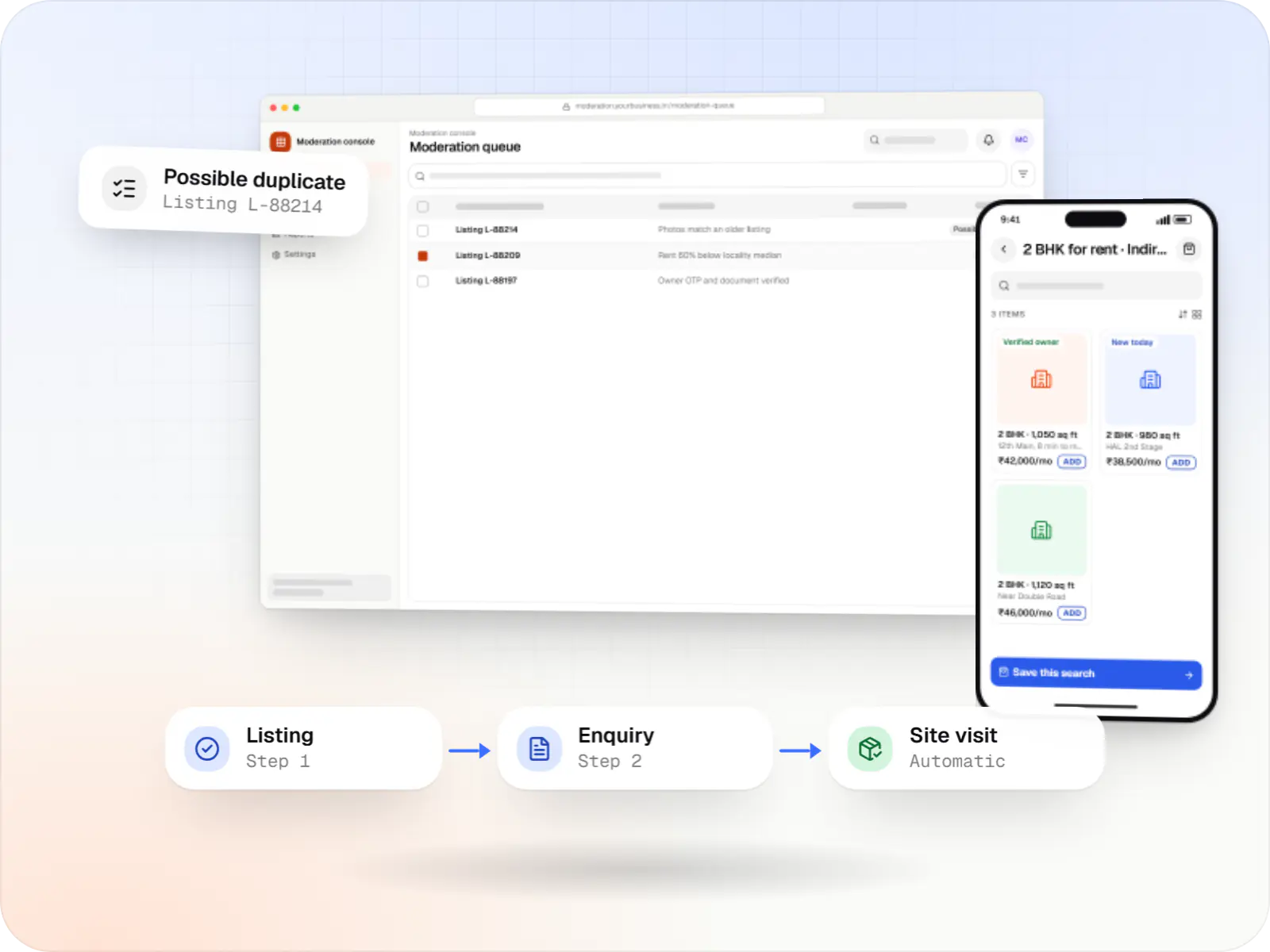 PropTech software screens: moderation console in a browser, seeker app on a phone and linked approval steps