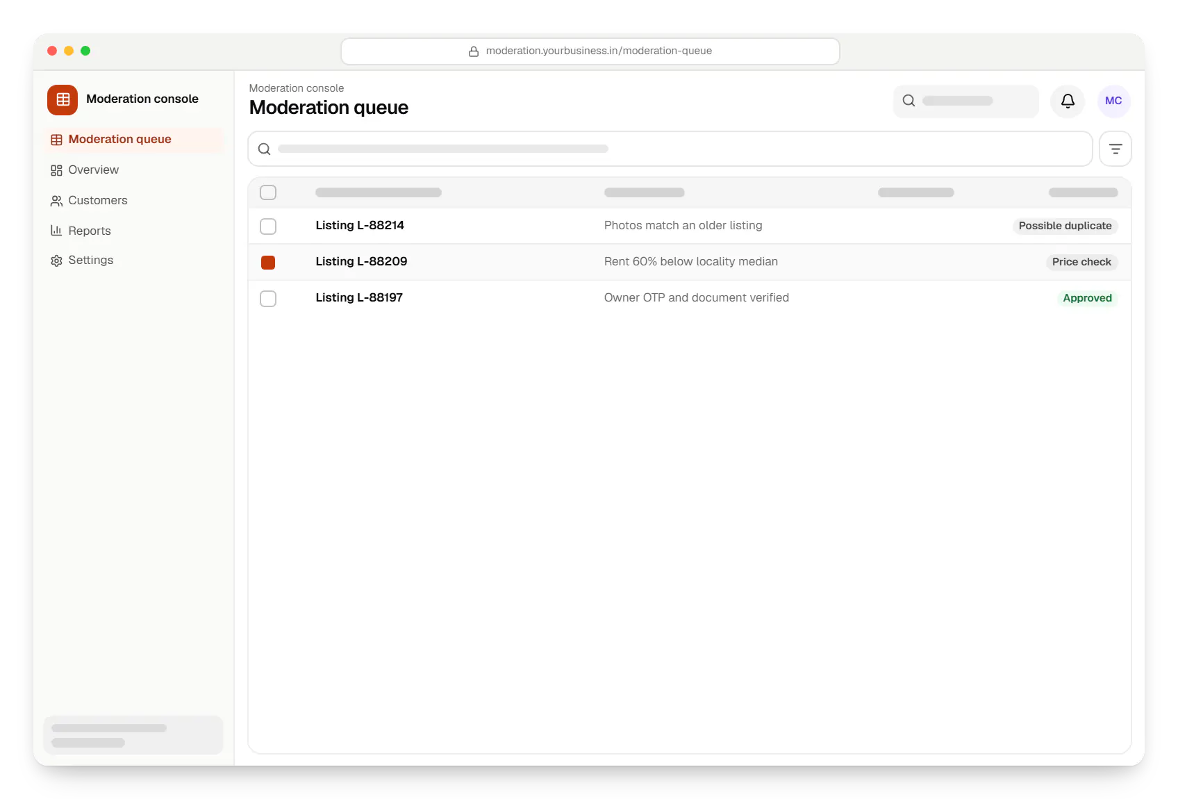 PropTech software moderation console moderation queue table in a web browser, with 3 rows and status labels