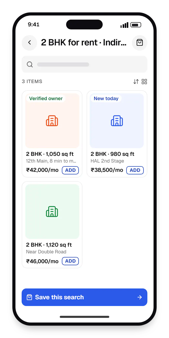 PropTech software seeker app catalogue on a phone, showing 2 BHK for rent with prices
