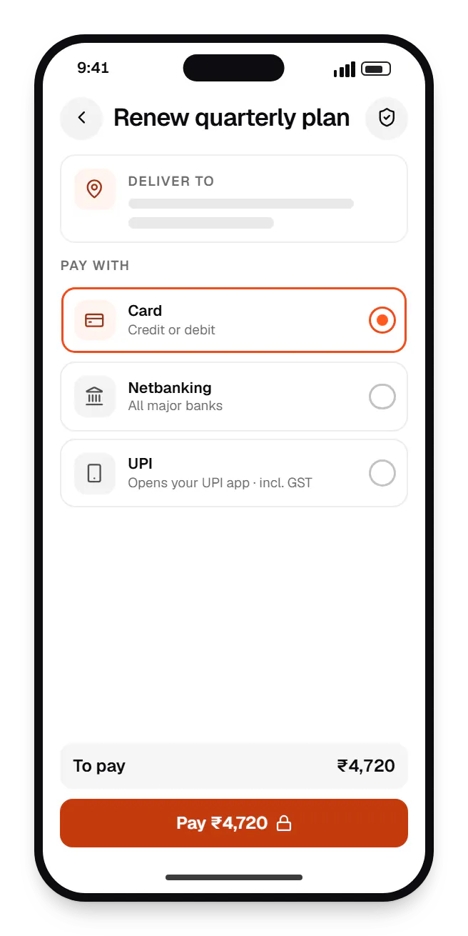 React Native member app checkout on a phone, with card, netbanking and UPI options