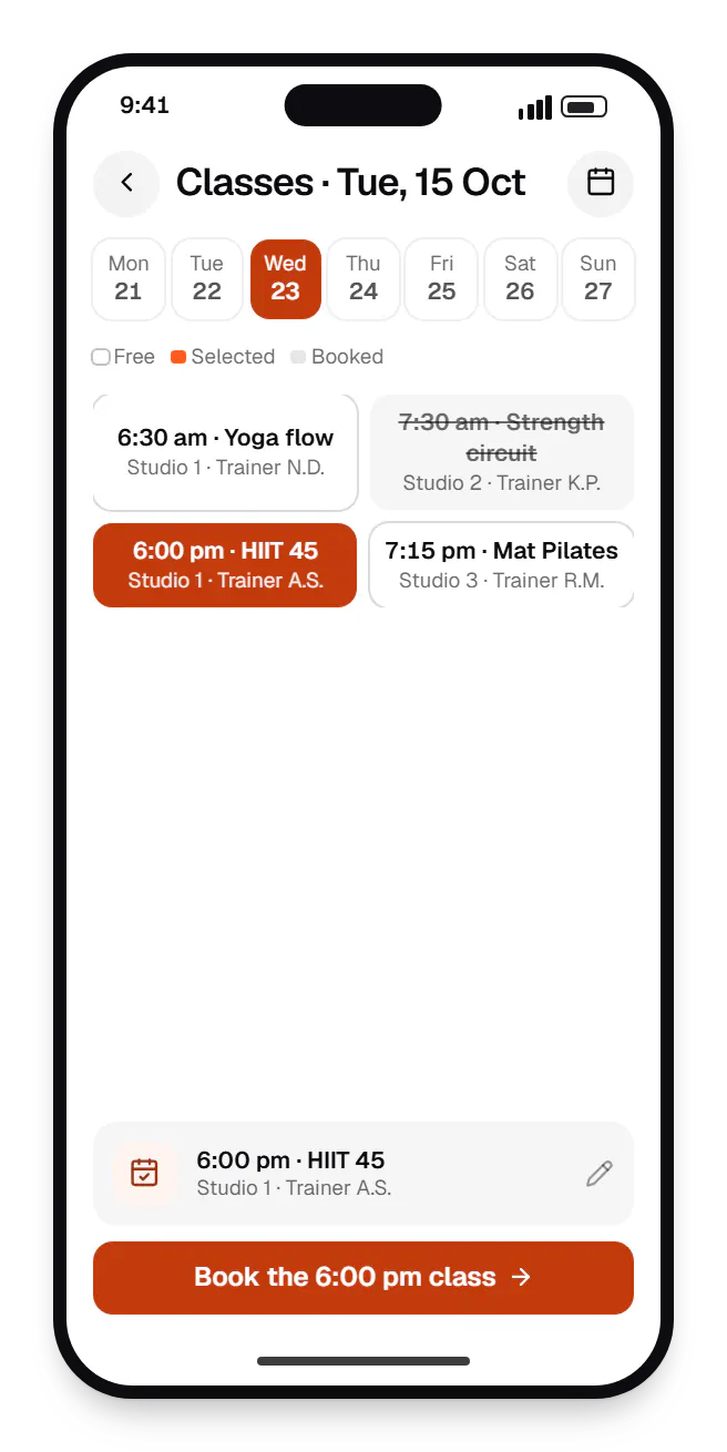 React Native member app booking slots on a phone, with open time slots