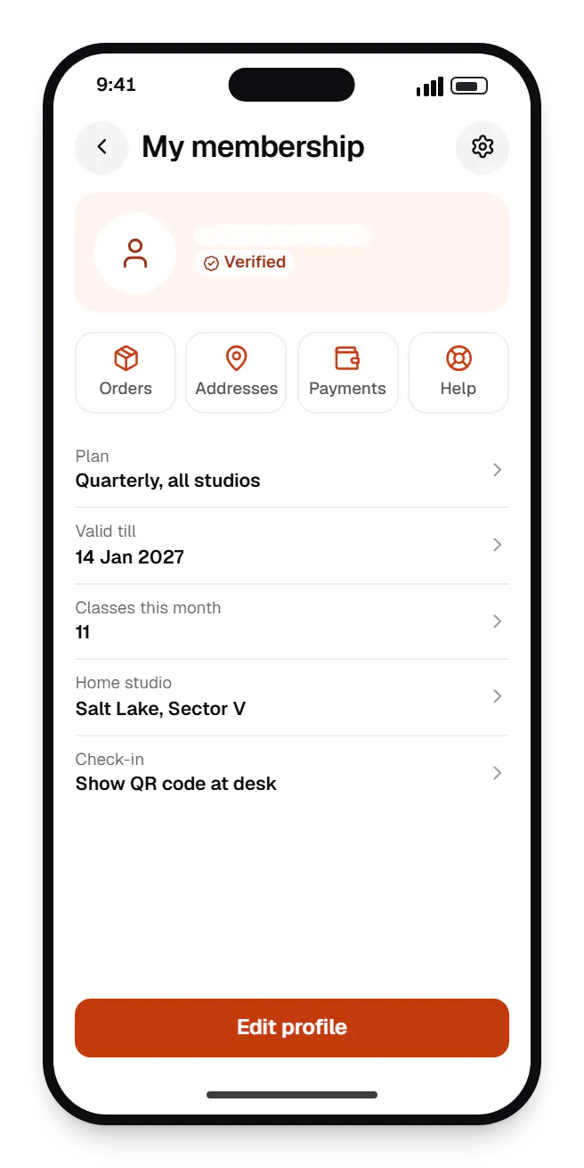 React Native member app profile on a phone, with account details
