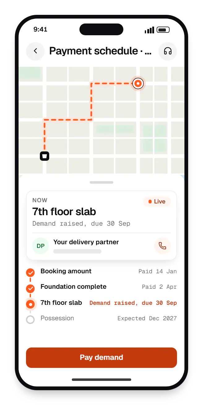 Real estate software buyer app order tracking on a phone, with live status steps