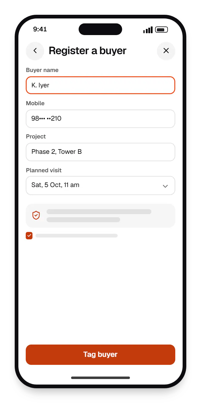 Real estate software channel partner portal register a buyer on a phone, with input fields and an action button