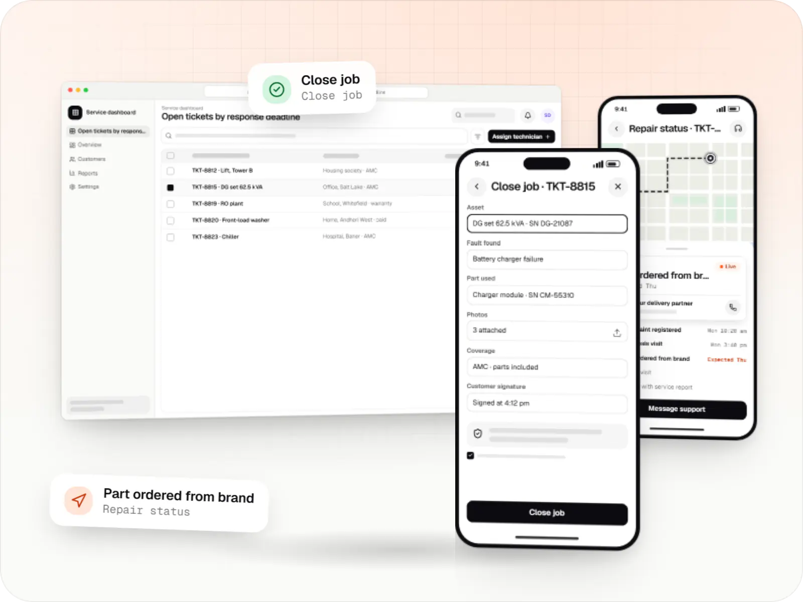 Repair and maintenance software screens: service dashboard in a browser and technician app on a phone
