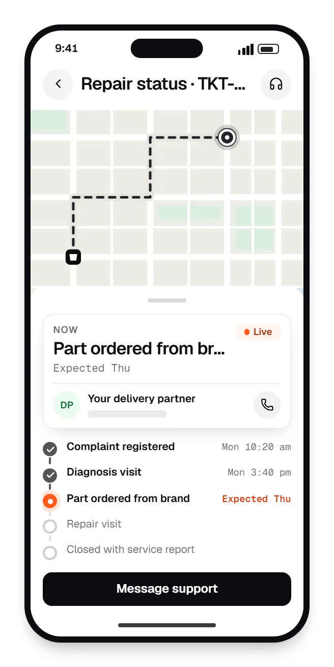 Repair and maintenance software customer portal order tracking on a phone, with live status steps
