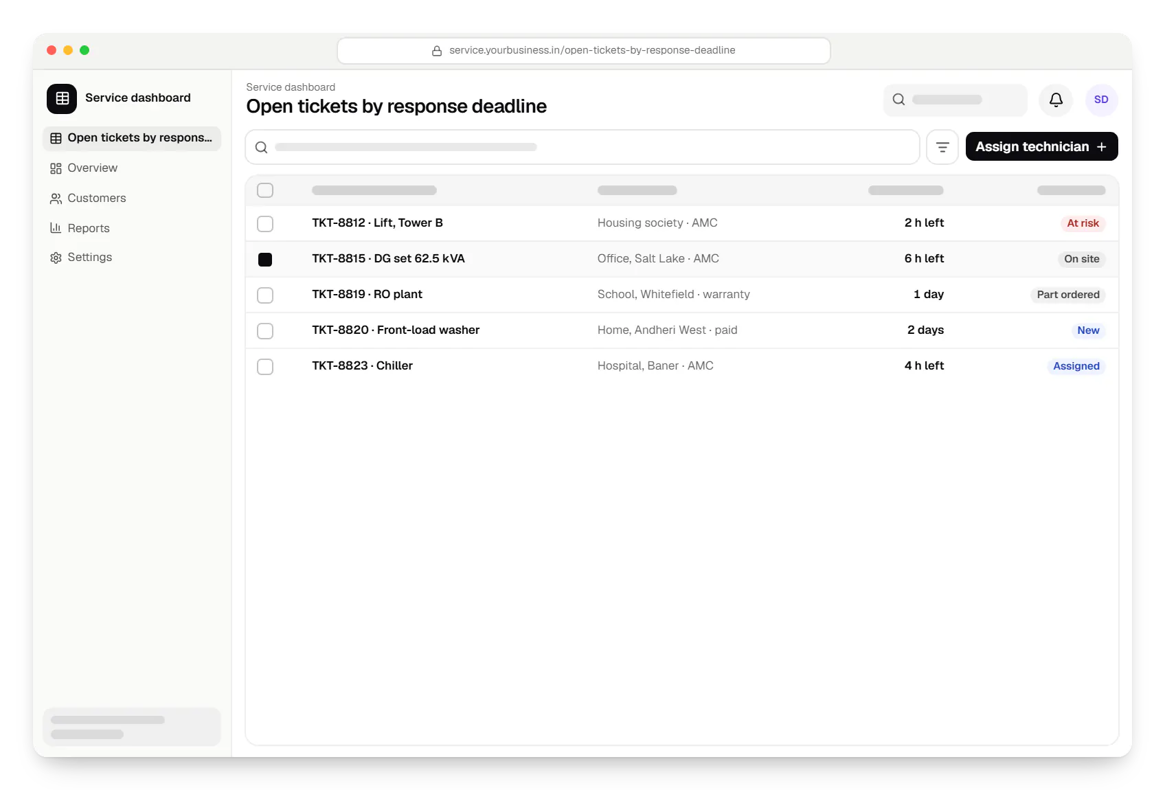 Repair and maintenance software service dashboard open tickets by response deadline table in a web browser