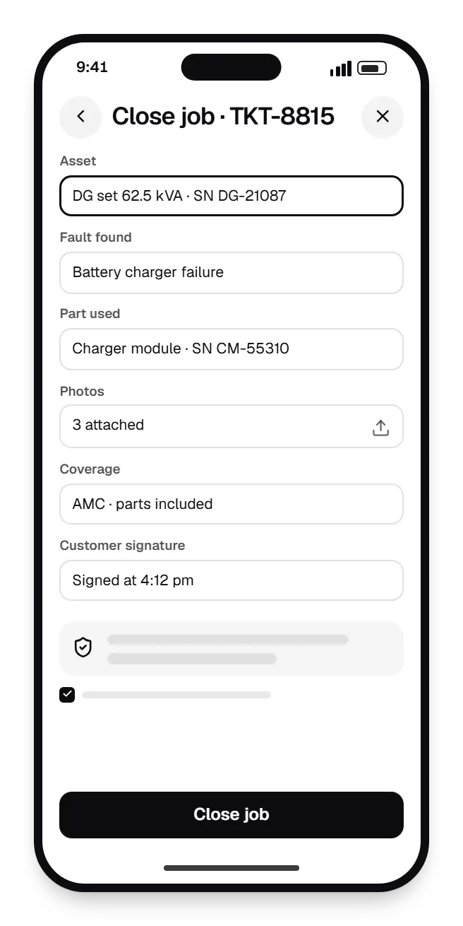 Repair and maintenance software technician app close job on a phone, with input fields and an action button