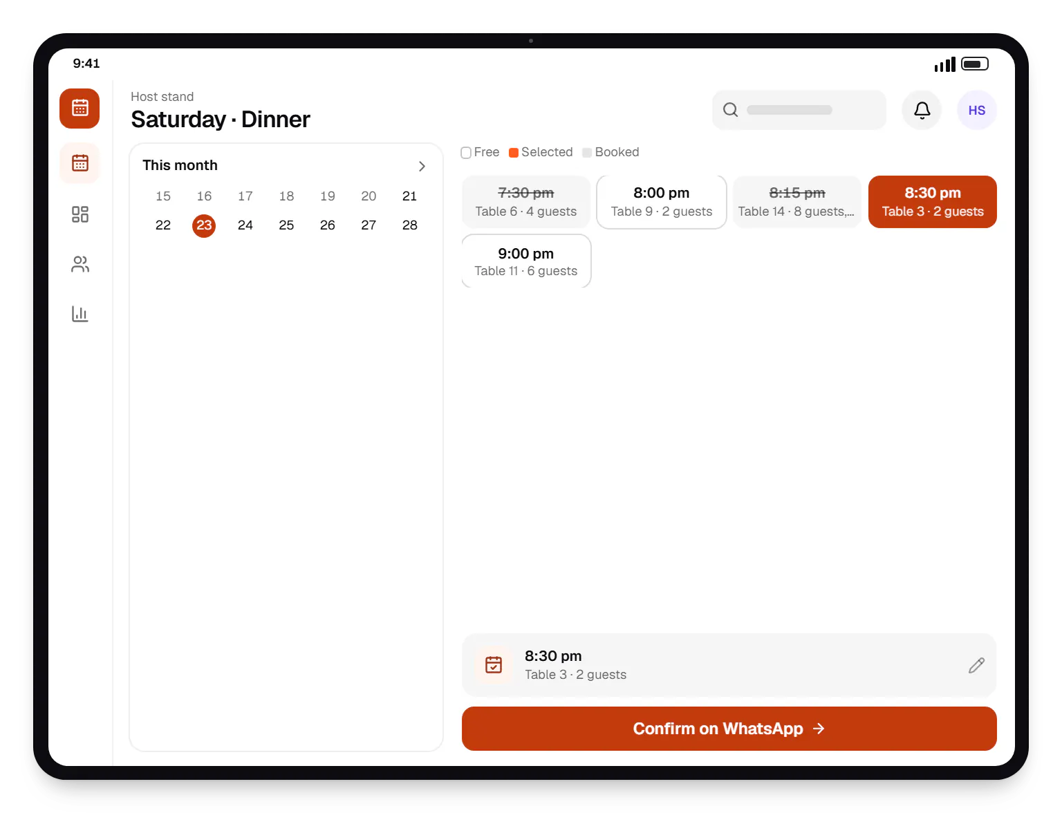 Restaurant software host stand booking slots on a tablet, with open time slots