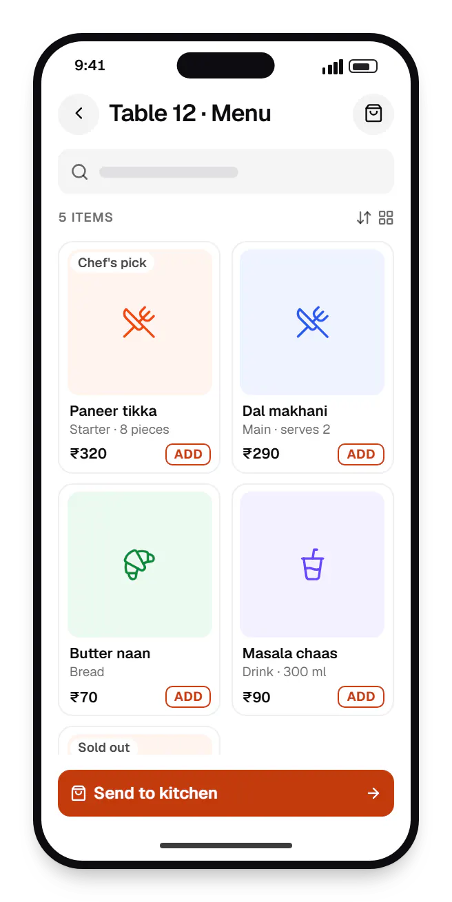 Restaurant software QR menu catalogue on a phone, showing table 12 with prices