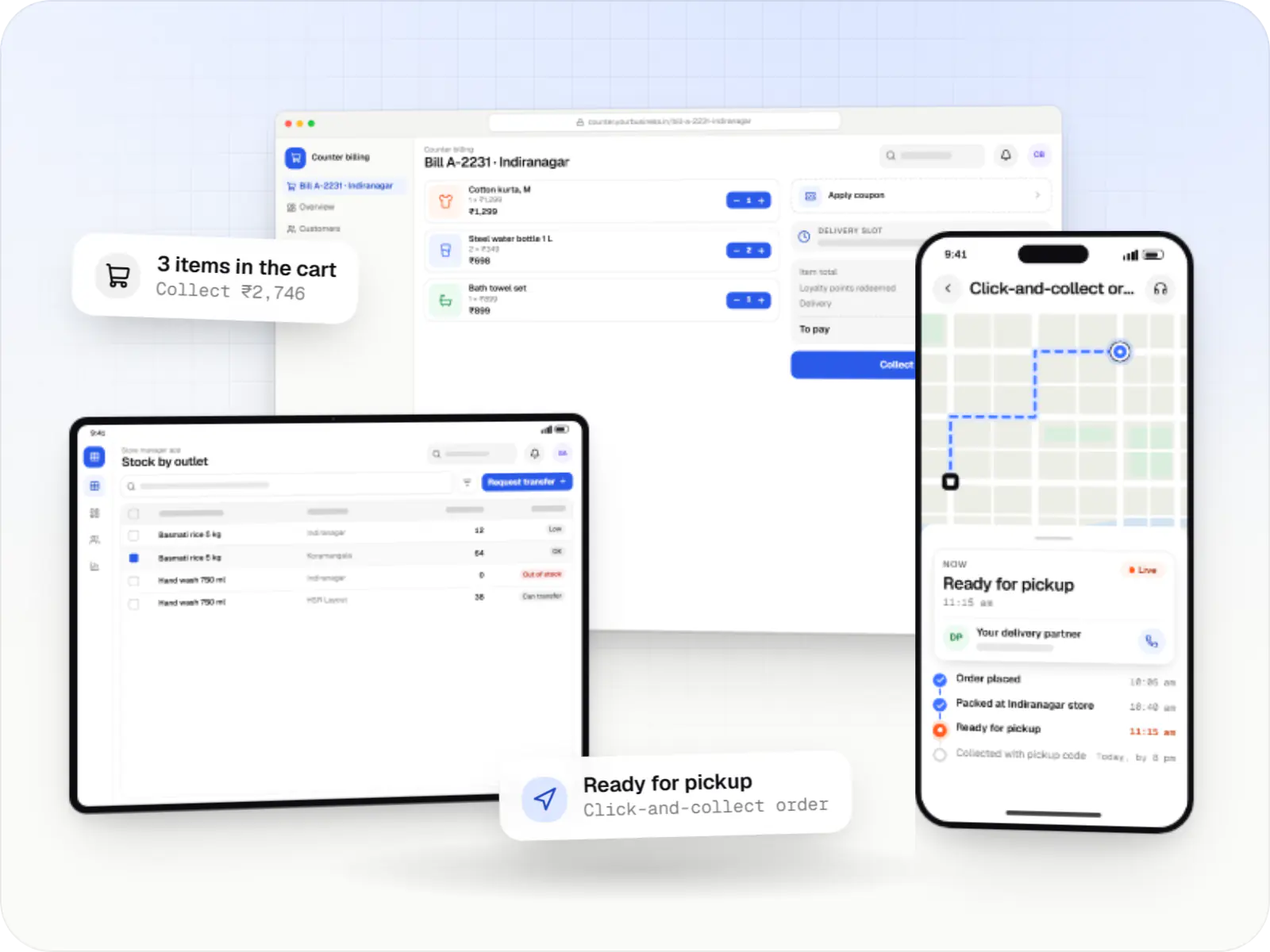 Retail software screens: counter billing cart in a browser, store manager app on a tablet and customer website on a phone