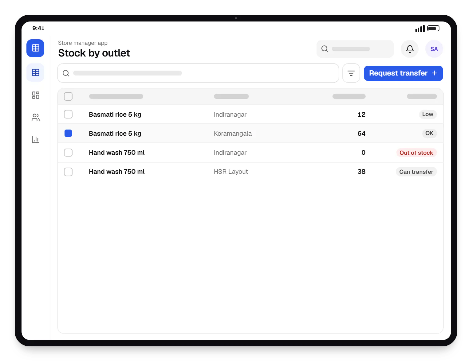 Retail software store manager app stock by outlet table on a tablet, with 4 rows and status labels