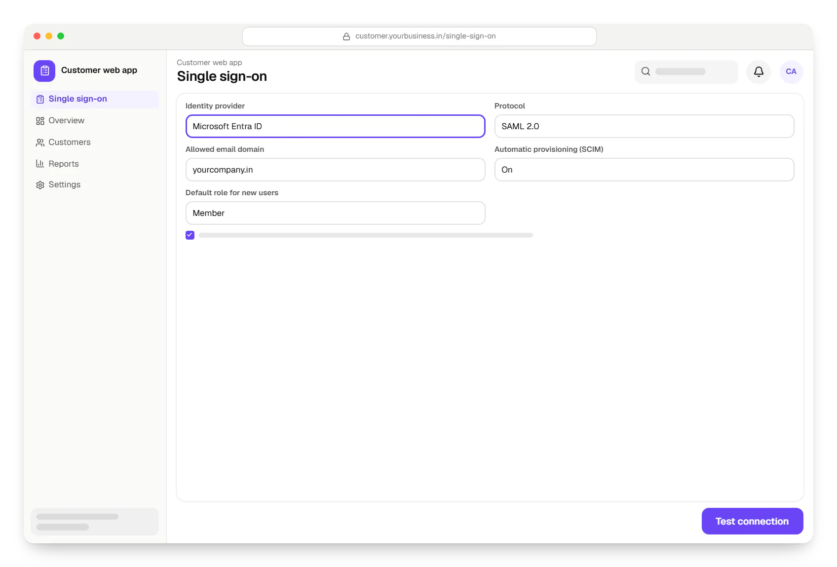 SaaS company software customer web app single sign- in a web browser, with input fields and an action button
