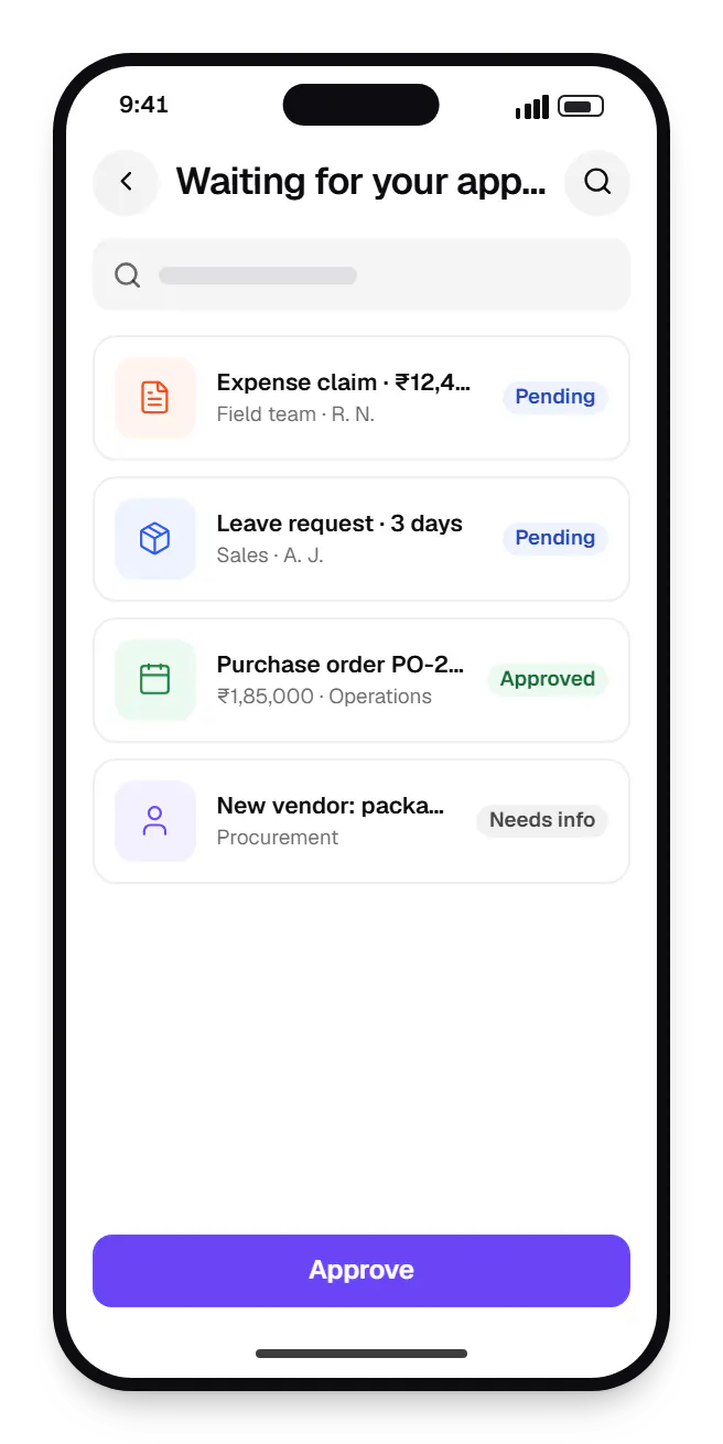 SaaS company software mobile companion app waiting for your approval on a phone, with 4 entries