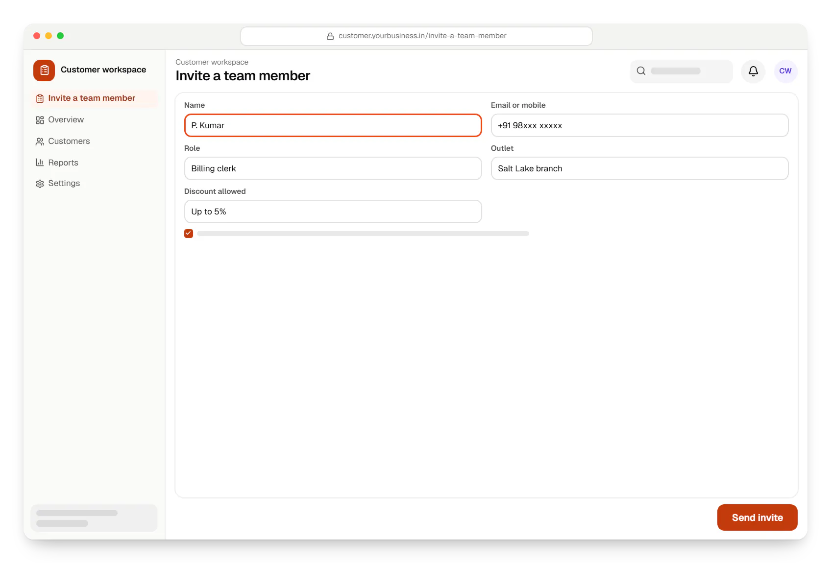 SaaS customer workspace invite a team member in a web browser, with input fields and an action button
